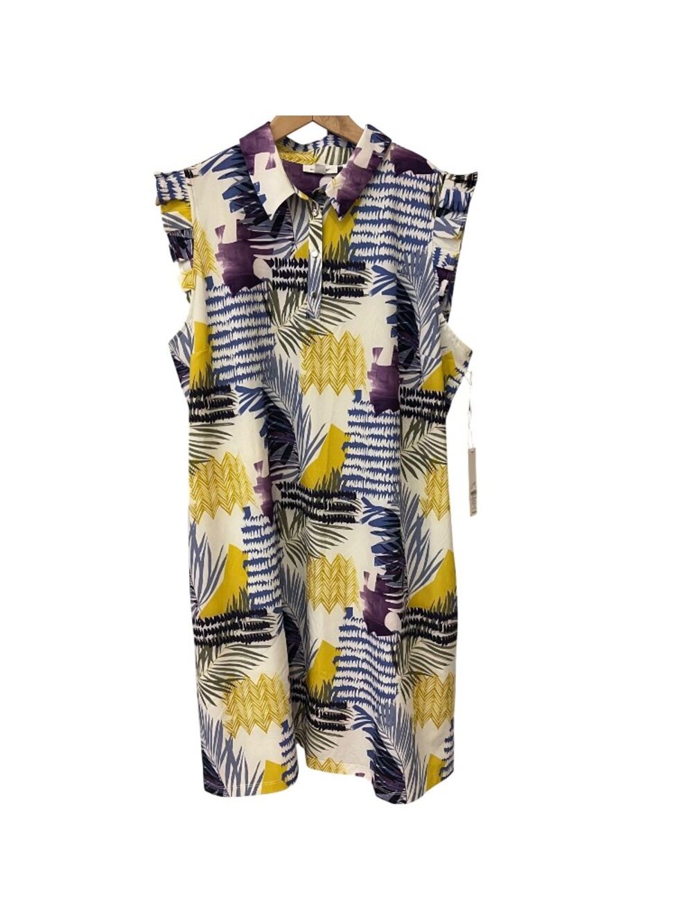 Chicos Women Coastal Abstract Ruffle Shift Dress Size 3 XL Resort Art Print